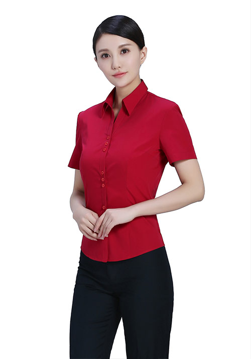 棗紅純棉短袖職業襯衫